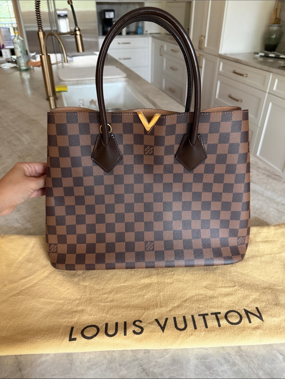 Louis Vuitton Brown Damier Ebene Checkered Tote with Gold Accent